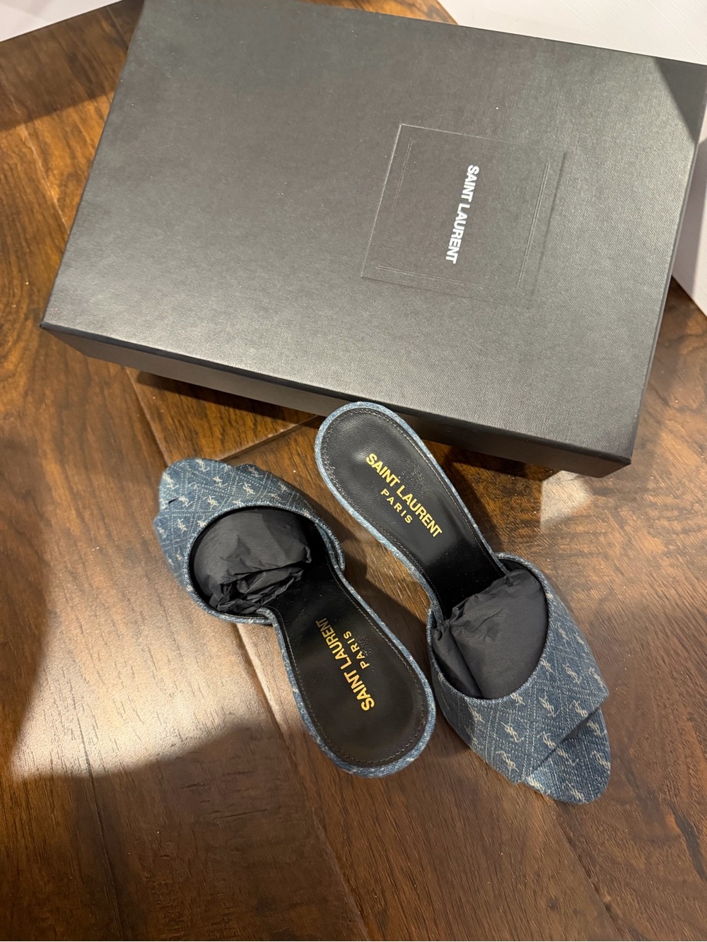Saint Laurent Denim Slide Mules in Blue Monogram
